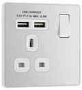 BG PCDBS21U2W Brushed Steel Evolve 1 Gang 13A 2x USB-A 2.1A Switched Socket Outlet - White Insert