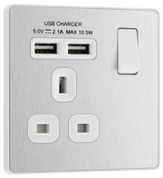 BG PCDBS21U2W Brushed Steel Evolve 1 Gang 13A 2x USB-A 2.1A Switched Socket Outlet - White Insert by British General (BG-PCDBS21U2W-Shopify-SA_1)