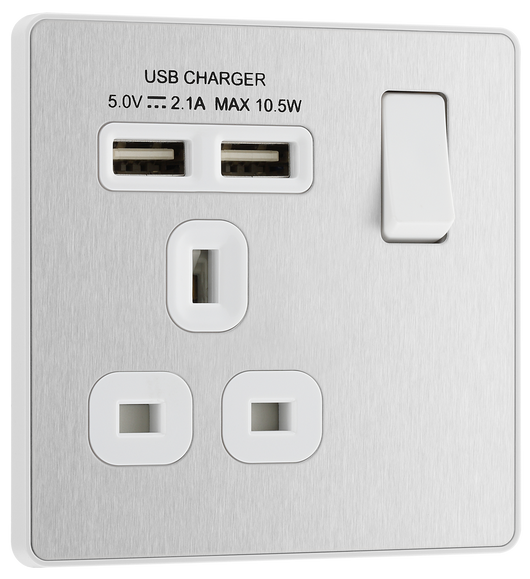 PCDBS21U2W Front - This Evolve Brushed Steel 13A single power socket from British General comes with two USB charging ports, allowing you to plug in an electrical device and charge mobile devices simultaneously without having to sacrifice a power socket.