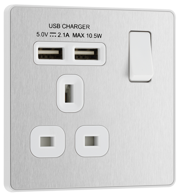 PCDBS21U2W Front - This Evolve Brushed Steel 13A single power socket from British General comes with two USB charging ports, allowing you to plug in an electrical device and charge mobile devices simultaneously without having to sacrifice a power socket.