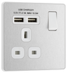 BG PCDBS21U2W Brushed Steel Evolve 1 Gang 13A 2x USB-A 2.1A Switched Socket Outlet - White Insert by British General (BG-PCDBS21U2W-Shopify-SA_1)