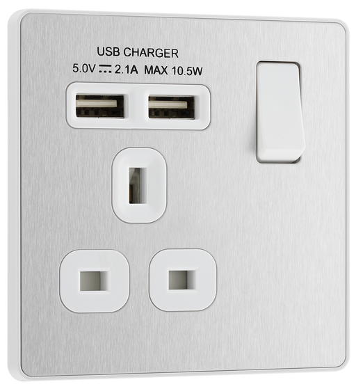 PCDBS21U2W Front - This Evolve Brushed Steel 13A single power socket from British General comes with two USB charging ports, allowing you to plug in an electrical device and charge mobile devices simultaneously without having to sacrifice a power socket.