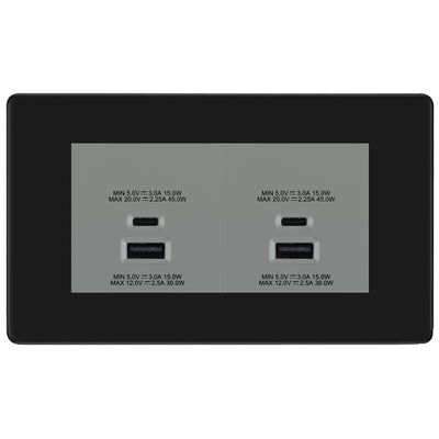 BG Screwless Matt Black 4G Faceplate with 45W USB A+C Charger Modules – Grey Insert by British General (BG-FFBEMR4+EMUSBAC45G)