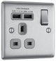 BG NBS21U2G Nexus Metal Brushed Steel 1 Gang 13A 2x USB-A 2.1A Switched Socket - Grey Insert