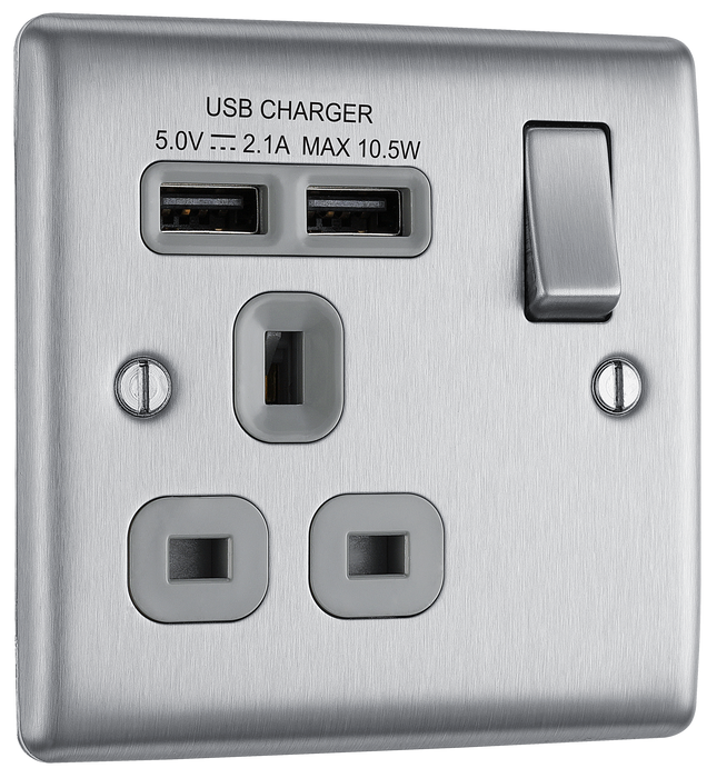 NBS21U2G Front - This 13A single power socket from British General comes with two USB charging ports allowing you to plug in an electrical device and charge mobile devices simultaneously without having to sacrifice a power socket.