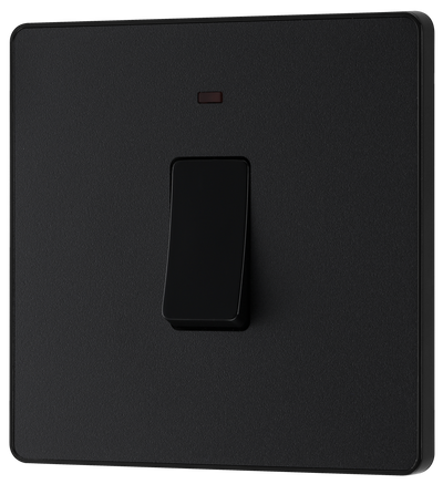 PCDMB31B Front - This Evolve Matt Black 20A double pole switch with indicator from British General has been designed for the connection of refrigerators, water heaters, central heating boilers and many other fixed appliances. This switch has a low profile screwless flat plate that clips on and off, making it ideal for modern interiors.