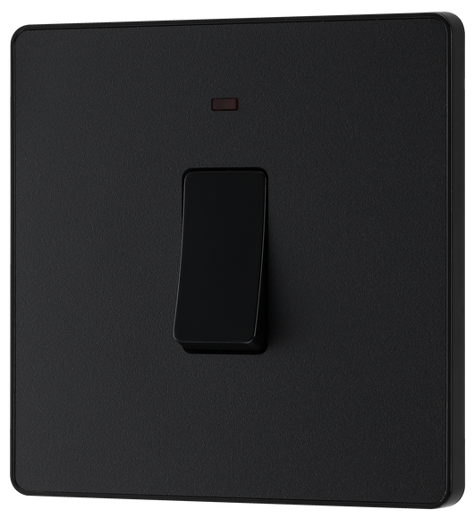 PCDMB31B Front - This Evolve Matt Black 20A double pole switch with indicator from British General has been designed for the connection of refrigerators, water heaters, central heating boilers and many other fixed appliances. This switch has a low profile screwless flat plate that clips on and off, making it ideal for modern interiors.