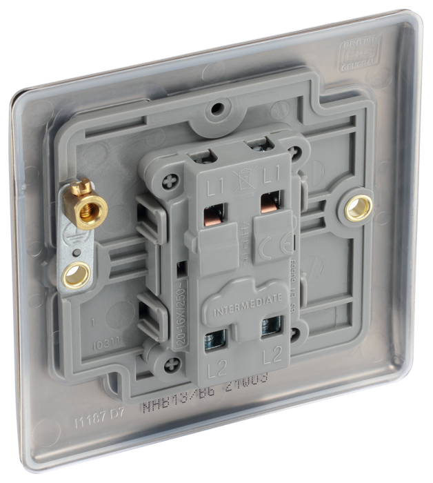  NAB13 Back - This antique brass finish 20A 16AX intermediate light switch from British General should be used as the middle switch when you need to operate one light from 3 different locations such as either end of a hallway and at the top of the stairs.