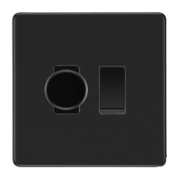 BG Screwless Flatplate Matt Black 2 Gang Grid Switch 1x Trailing Edge LED Dimmer 1x 2 Way