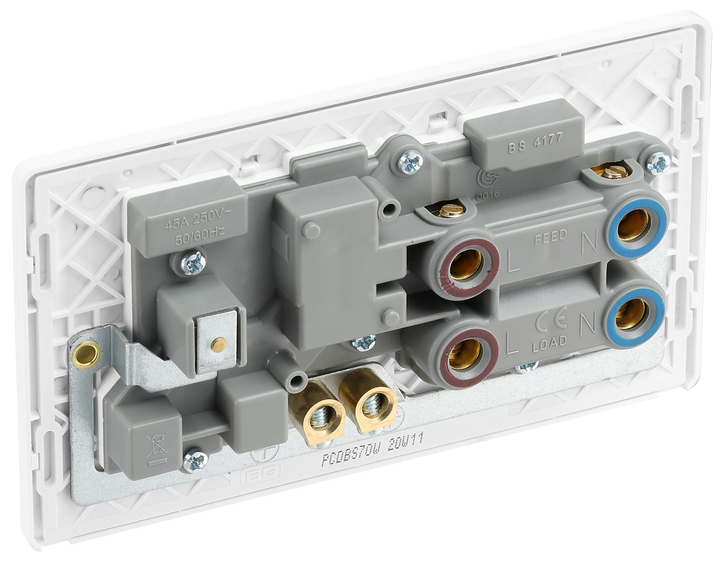 PCDBS70W Back - This Evolve Brushed Steel 45A cooker control unit from British General includes a 13A socket for an additional appliance outlet, and has flush LED indicators above the socket and switch.