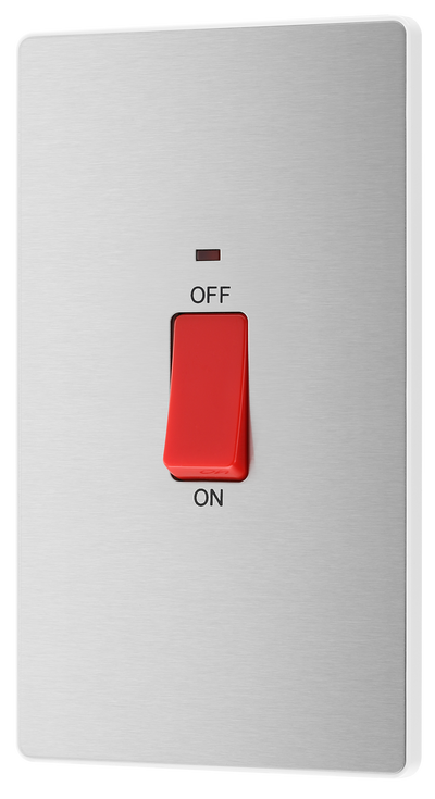 BG PCDBS72W Brushed Steel Evolve 45A 2 Pole Large Plate LED Switch - White Insert