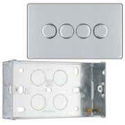 BG Screwless Polished Chrome 200W 2 Way Quadruple Trailing Edge Dimmer Switch FPC84 with 35mm Steel Back Box