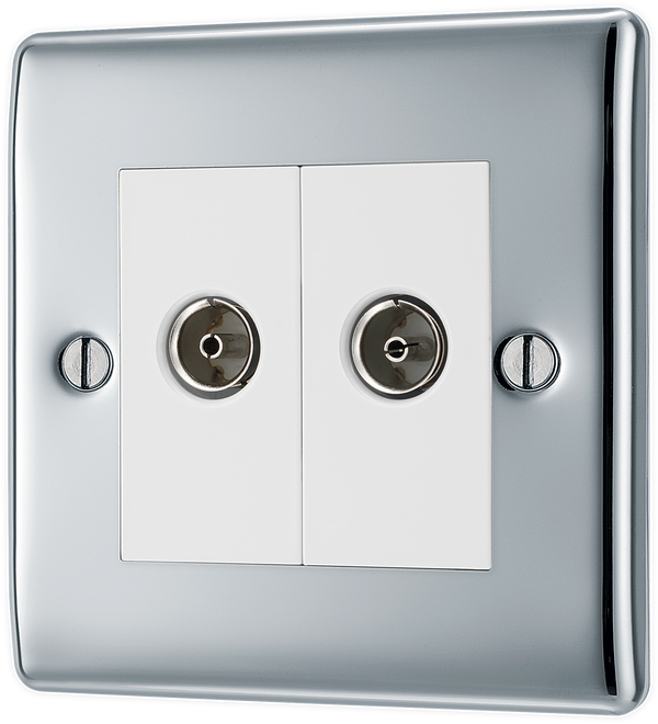 NPC63 Front - This isolated coaxial socket from British eneral has 2 connection points for TV or FM coaxial  to yoaerial conneGctions.