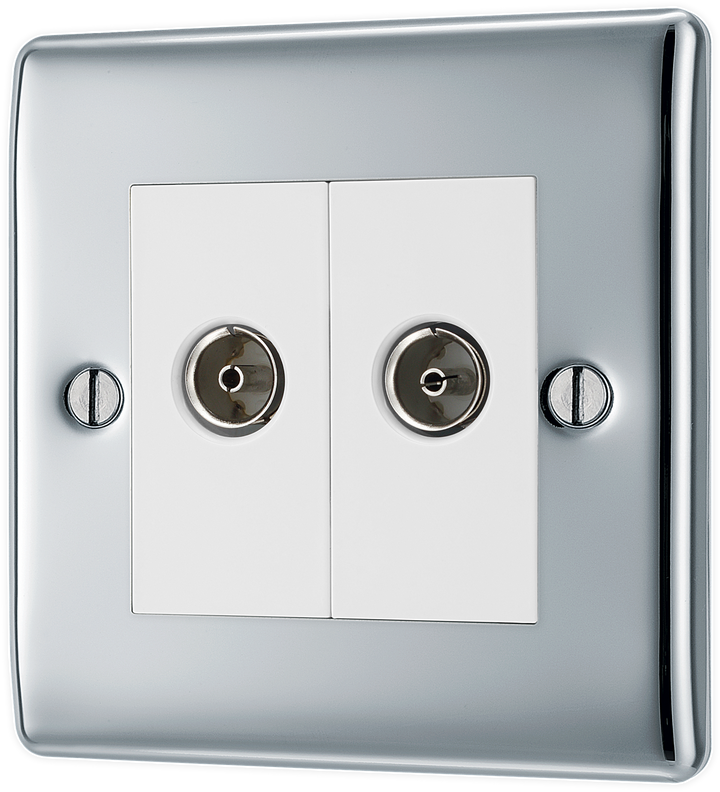 NPC63 Front - This isolated coaxial socket from British eneral has 2 connection points for TV or FM coaxial  to yoaerial conneGctions.