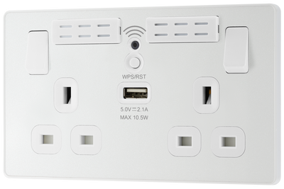 BG PCDCL22UWRW Pearlescent White Evolve 2 Gang 13A 1x USB-A 2.1A Wi-FI Extender Switched Socket Outlet - White Insert