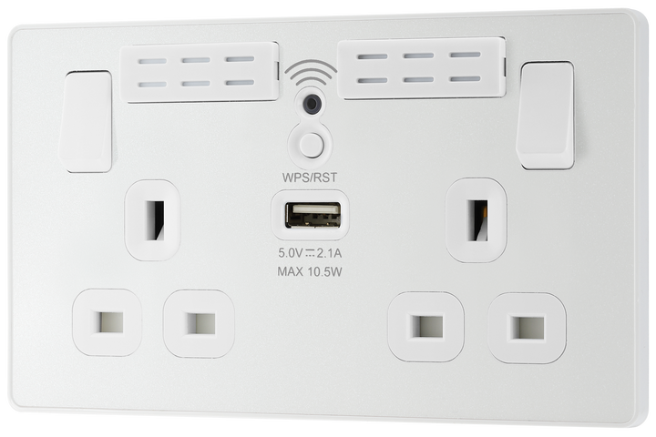 PCDCL22UWRW Front - This Evolve pearlescent white 13A double power socket with integrated Wi-Fi Extender from British General will eliminate dead spots and expand your Wi-Fi coverage.