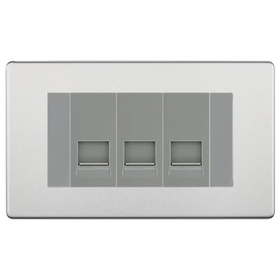 BG Screwless Brushed Steel 3 Gang RJ11 Telephone Socket Euro Module - Grey Insert by British General (BG-FBSRJ113G)
