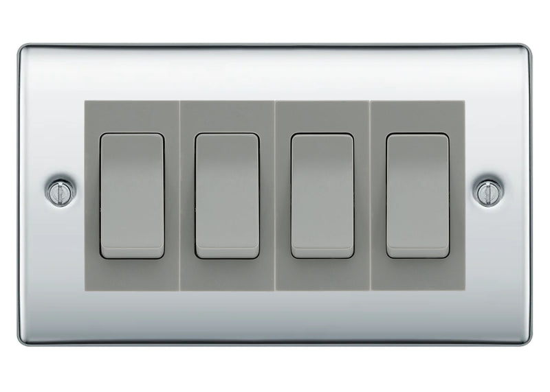 BG Nexus Polished Chrome 4-Gang Light Switch 2x 2-Way + 2x Intermediate – Grey Inserts