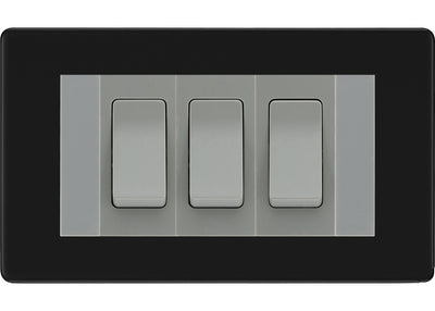 BG Matt Black Screwless 3 Gang 20AX 2-Way Switch Custom Grid - Grey Insert