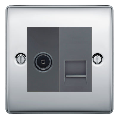 BG Nexus Polished Chrome TV Aerial & BT Telephone Outlet Plate — Screened + IDC - Grey