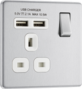 BG Electrical FBS21U2W Nexus Flatplate Screwless Brushed Steel 1 Gang 13A 1 Pole 2x USB-A 2.1A Switched Socket - White Insert