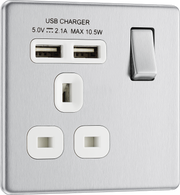BG Electrical FBS21U2W Nexus Flatplate Screwless Brushed Steel 1 Gang 13A 1 Pole 2x USB-A 2.1A Switched Socket - White Insert by British General (BG-FBS21U2W-Shopify-SA_1)