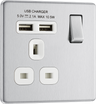 BG Electrical FBS21U2W Nexus Flatplate Screwless Brushed Steel 1 Gang 13A 1 Pole 2x USB-A 2.1A Switched Socket - White Insert by British General (BG-FBS21U2W-Shopify-SA_1)