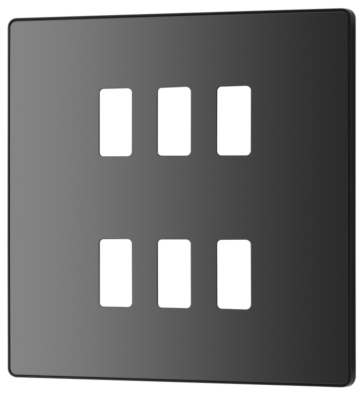 RPCDBC6B Front - The Grid modular range from British General allows you to build your own module configuration with a variety of combinations and finishes. This black chrome finish Evolve front plate clips on for a seamless finish, and can accommodate 6 Grid modules - ideal for commercial applications.