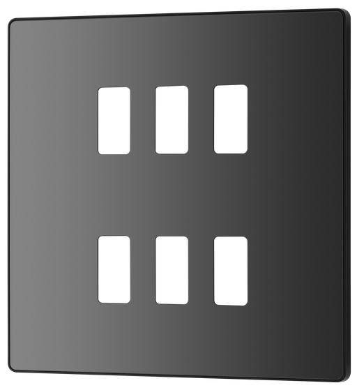 RPCDBC6B Front - The Grid modular range from British General allows you to build your own module configuration with a variety of combinations and finishes. This black chrome finish Evolve front plate clips on for a seamless finish, and can accommodate 6 Grid modules - ideal for commercial applications.