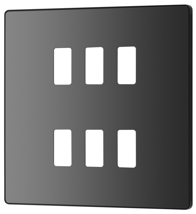 RPCDBC6B Front - The Grid modular range from British General allows you to build your own module configuration with a variety of combinations and finishes. This black chrome finish Evolve front plate clips on for a seamless finish, and can accommodate 6 Grid modules - ideal for commercial applications.