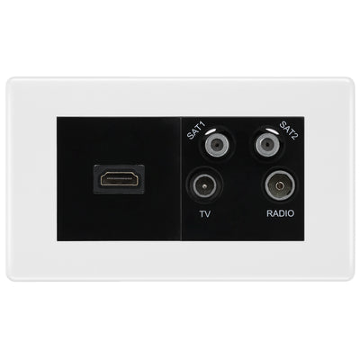 BG Nexus White Moulded 4G Faceplate with HDMI + TV/FM/SAT Module - Black Insert by British General (BG-8EMR4-HDMI-TVFM2B)