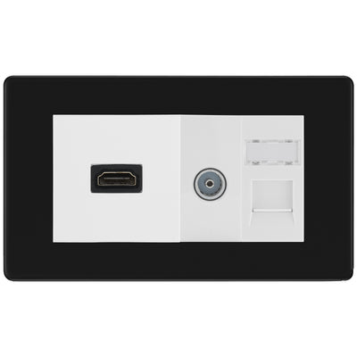 BG Screwless Matt Black Media Wall Plate TV Aerial, HDMI & CAT6 Outlet – White Insert