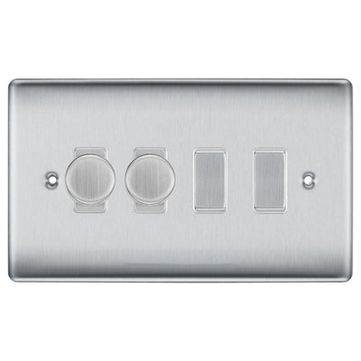BG Nexus Brushed Steel 4 Gang Light Switch Grid – 2x Trailing-Edge LED Dimmer, 1x Intermediate, 1x 2-Way Switch by British General (BG-Nexus-BS-4G-2x-Dimmer-1x-INT-1x-2Way)