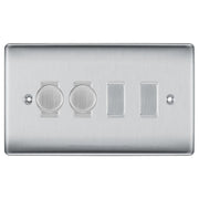 BG Nexus Brushed Steel 4 Gang Light Switch Grid – 2x Trailing-Edge LED Dimmer, 1x Intermediate, 1x 2-Way Switch by British General (BG-Nexus-BS-4G-2x-Dimmer-1x-INT-1x-2Way)