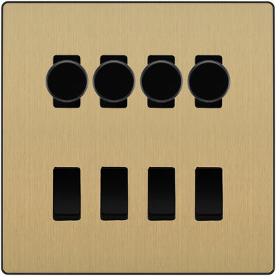 BG Evolve Satin Brass 8 Gang Switch 4x Trailing Edge LED Dimmer 4x Intermediate Custom Grid Switch by British General (BG-Evolve-SB-8G-CUSTOM-4x-Dimmer-4x-INT)