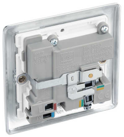 NPC21U2W Back - This 13A single power socket from British General comes with two USB charging ports allowing you to plug in an electrical device and charge mobile devices simultaneously without having to sacrifice a power socket.