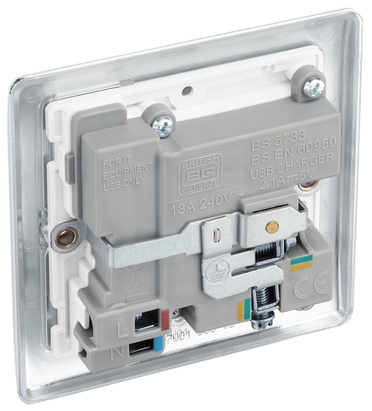 NPC21U2W Back - This 13A single power socket from British General comes with two USB charging ports allowing you to plug in an electrical device and charge mobile devices simultaneously without having to sacrifice a power socket.