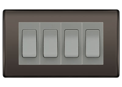 BG Nexus Black Nickel 4 Gang 20AX 2-Way Switch Custom Grid - Grey Insert by British General (BG-Nexus-BN-4G-Combo-4x 2WAY-GR)