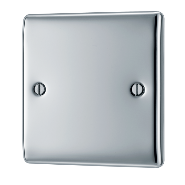 NPC94 Front - This premium polished chrome finish single blank plate from British General is ideal for covering unused electrical connections and has a sleek and slim profile, with softly rounded edges to add a touch of luxury to your decor.