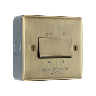 Antique Brass 10A Triple Pole Fan Isolator Switch & Surface Pattress Back Box by British General (BG-NAB15+MC501)