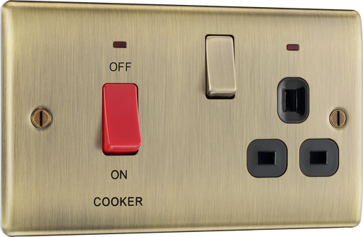NAB70B Front - This 45A cooker control unit from British General includes a 13A socket for an additional appliance outlet, and has flush LED indicators above the socket and switch.