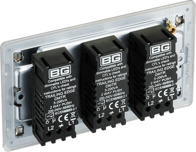BG Electrical FBS83 Nexus Flatplate Screwless Brushed Steel 3 Gang 200W 2 Way Trailing-Edge Push Dimmer Switch