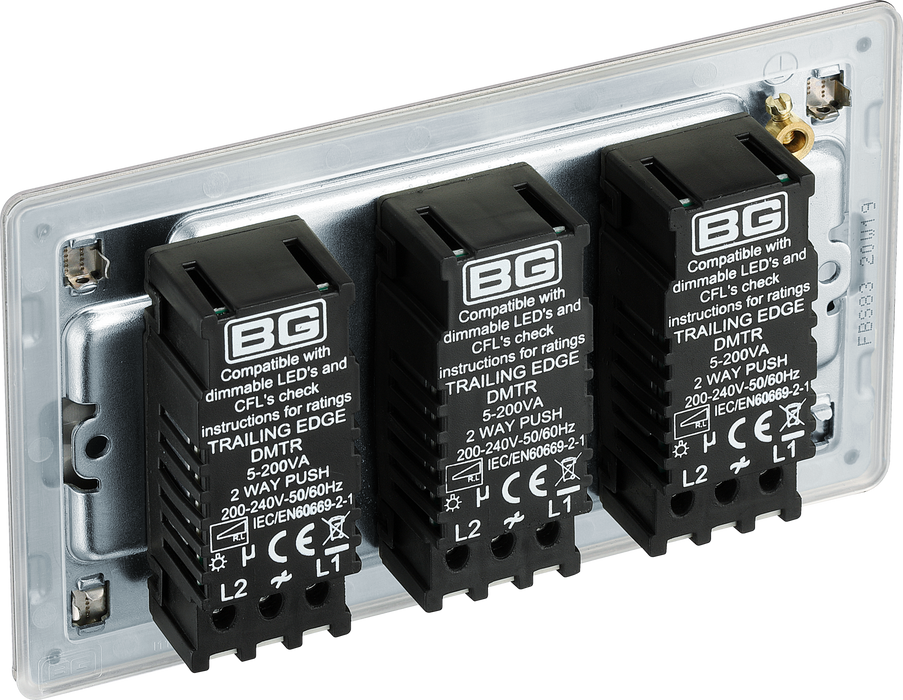 FBS83 Back - This trailing edge triple dimmer switch from British General allows you to control your light levels and set the mood. The intelligent electronic circuit monitors the connected load and provides a soft-start with protection against thermal.