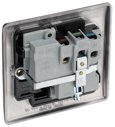NBN21B Back - This black nickel finish 13A single switched socket from British General has a sleek and slim profile with softly rounded edges and no visible plastic around the switch to add a touch of luxury to your decor.