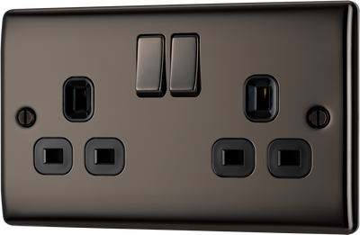 NBN22B Front - This black nickel finish 13A double switched socket from British General has a sleek and slim profile with softly rounded edges and no visible plastic around the switches to add a touch of luxury to your decor.