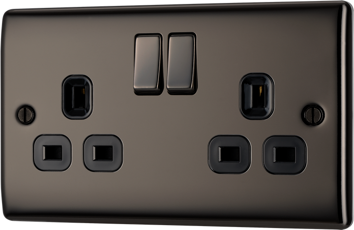 NBN22B Front - This black nickel finish 13A double switched socket from British General has a sleek and slim profile with softly rounded edges and no visible plastic around the switches to add a touch of luxury to your decor.