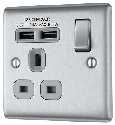NEWLEC BRITISH GENERAL NBS21U2G NEXUS METAL BRUSHED STEEL 1 GANG 13A 2X USB-A 2.1A SWITCHED SOCKET