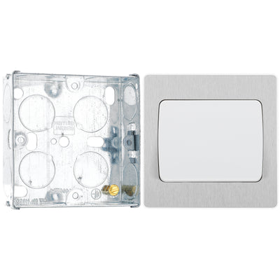 BG Evolve Brushed Steel 1 Gang 20A 16AX 2 Way Wide Rocker Light Switch PCDBS12WW with 25mm Steel Back Box