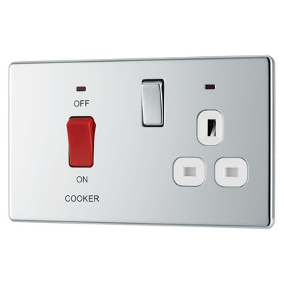 BG Screwless Polished Chrome 45A DP Cooker Neon Socket Switch FPC70W with 25mm Steel Back Box