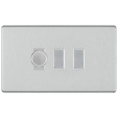 BG Screwless Brushed Steel 3 Gang Switch 1x Trailing Edge LED Dimmer 2x Intermediate Custom Grid Switch by British General (BG-SCRL-BS-3G-CUSTOM-1x-Dimmer-2x-INT)